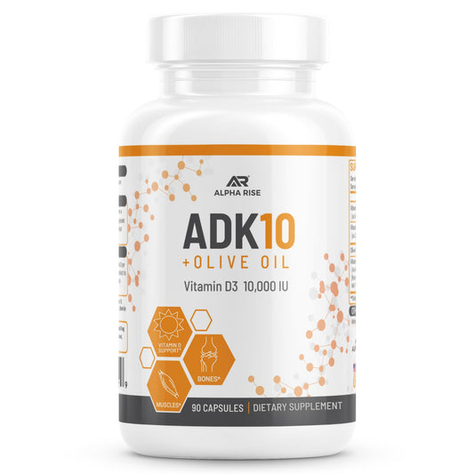 ALPHA RISE ADK10 bottle front, premium packaging for daily wellness support and absorption.