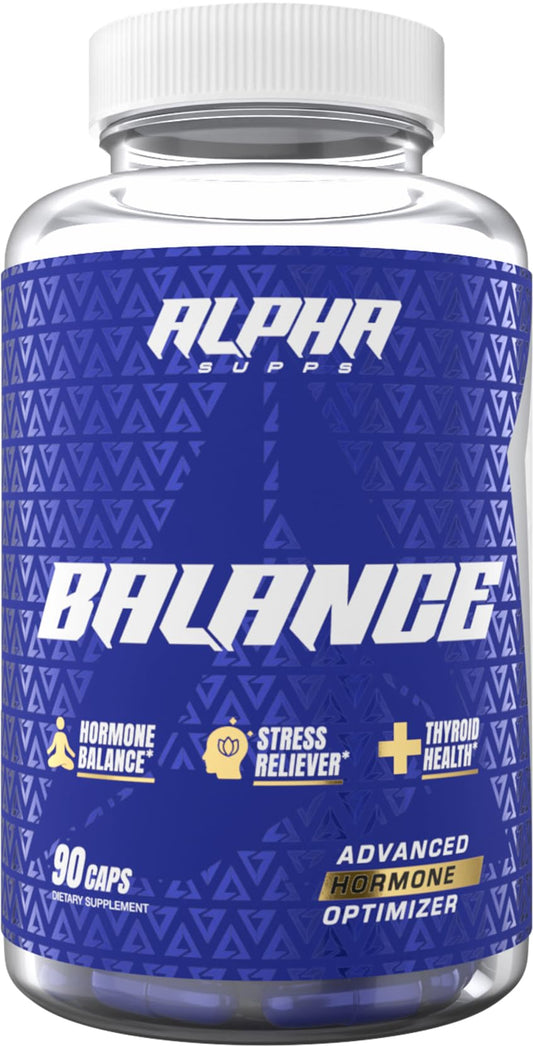 Alpha Balance bottle by Alpha Supps showing capsules for daily balance and stress support.