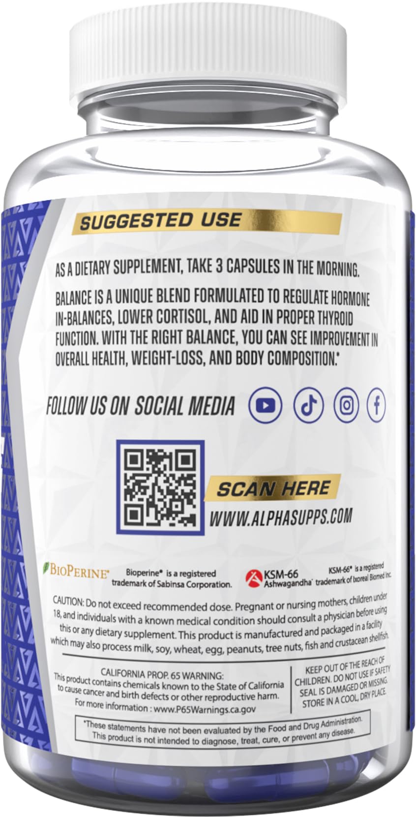 Alpha Supps Alpha Balance packaging and bottle scene on a clean counter.