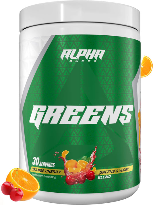 Alpha Greens powder tub front for daily greens boost