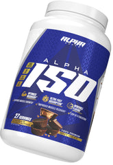 Alpha Supps chocolate-peanut-butter tub on shelf suggests flavor variety