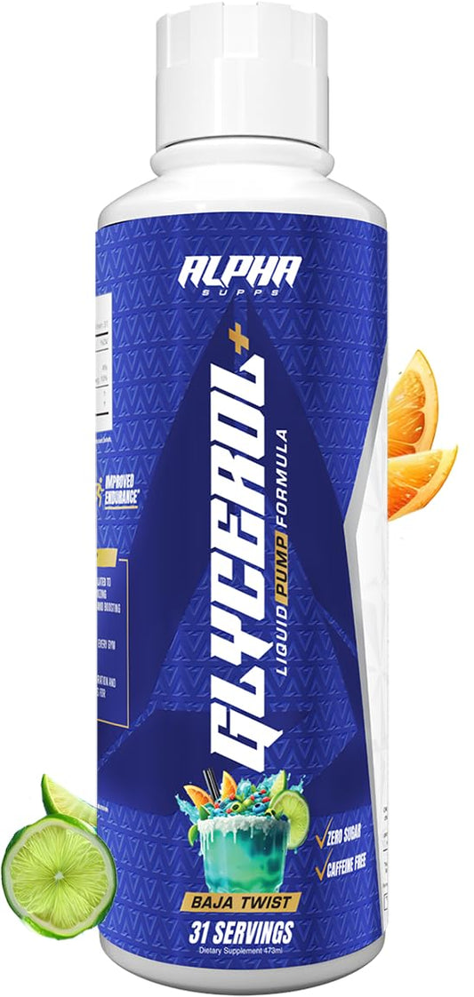Alpha Supps Glycerol+ bottle pour demonstrates rapid hydration for workouts.