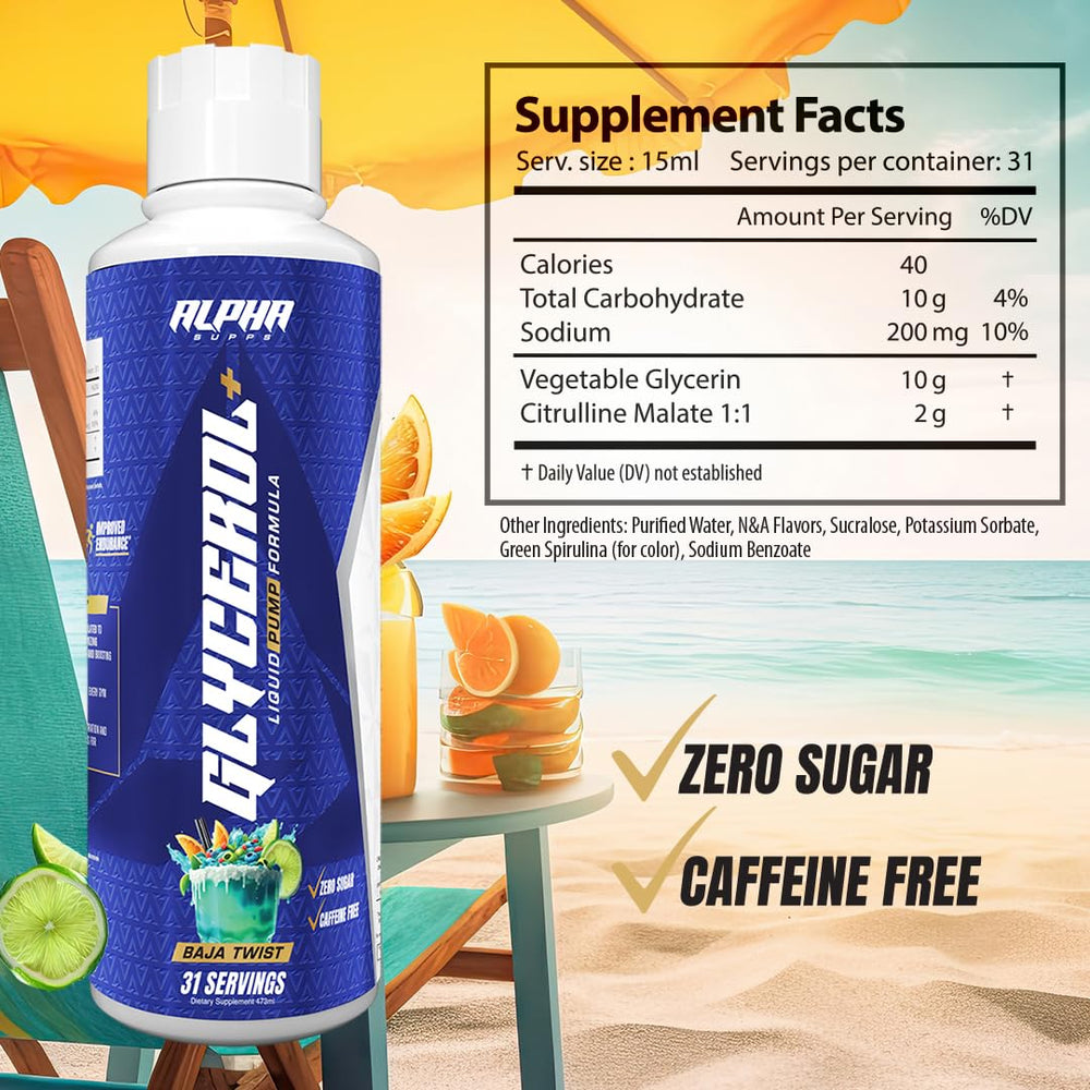 Alpha Supps Glycerol+ scoop dispense illustrates convenient dosing for extended endurance.