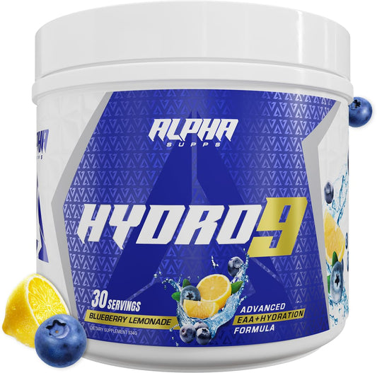 Alpha Supps Hydro 9 Aminos bottle in Blueberry Lemonade flavor supports hydration during workouts.