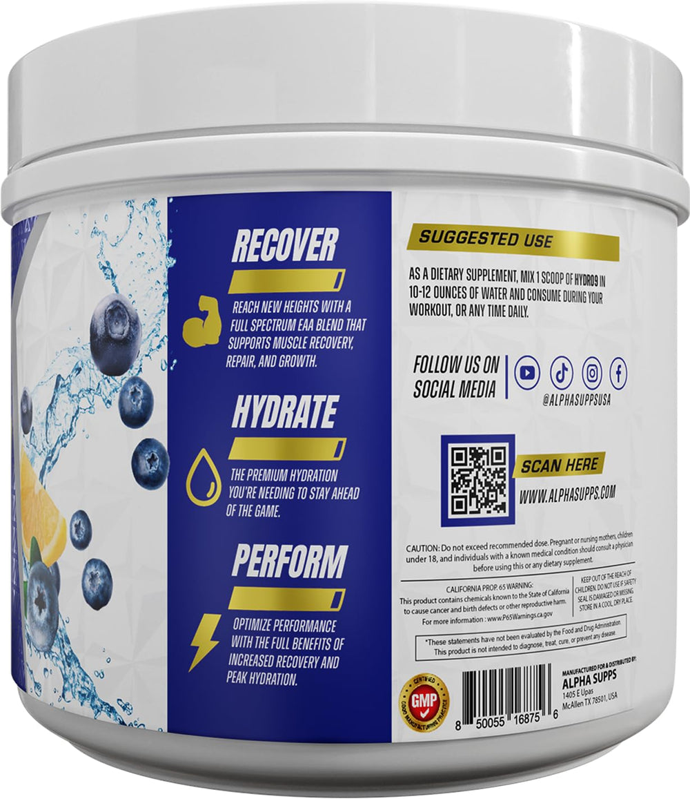Alpha Supps Hydro 9 Aminos in a glass with ice for refreshing workout hydration.