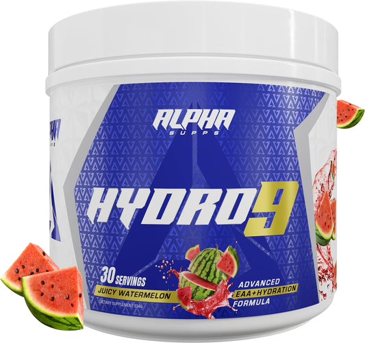 Alpha Supps Hydro 9 Aminos bottle with juicy watermelon flavor ready for hydration after training