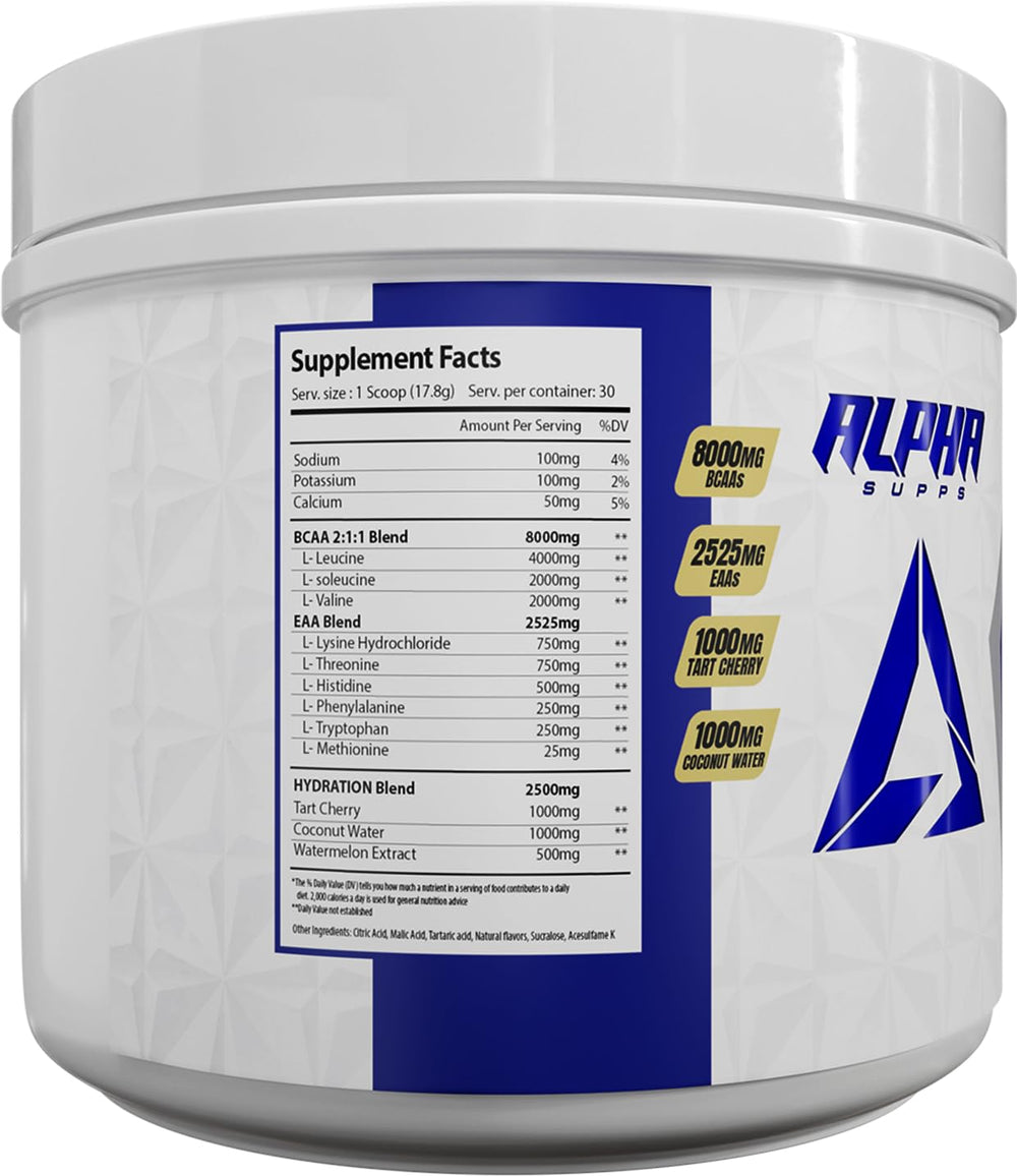 Tub label of Alpha Supps Hydro 9 Aminos Juicy Watermelon with 30 servings