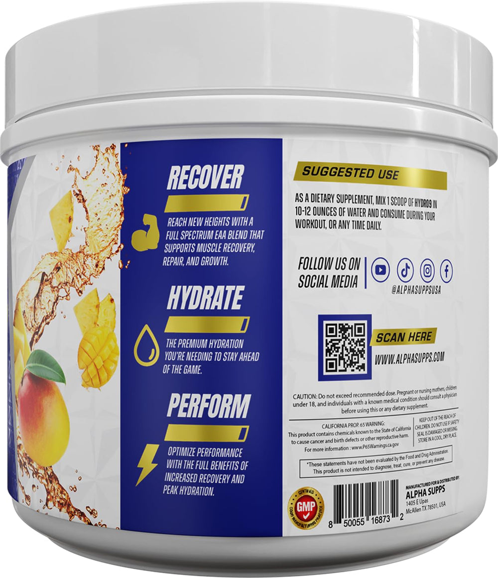 Alpha Supps Hydro 9 Aminos bottle label highlighting essential amino acids