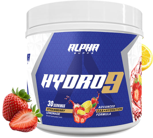 Alpha Supps Hydro 9 EAA bottle highlights hydration-supporting amino acids for workouts.