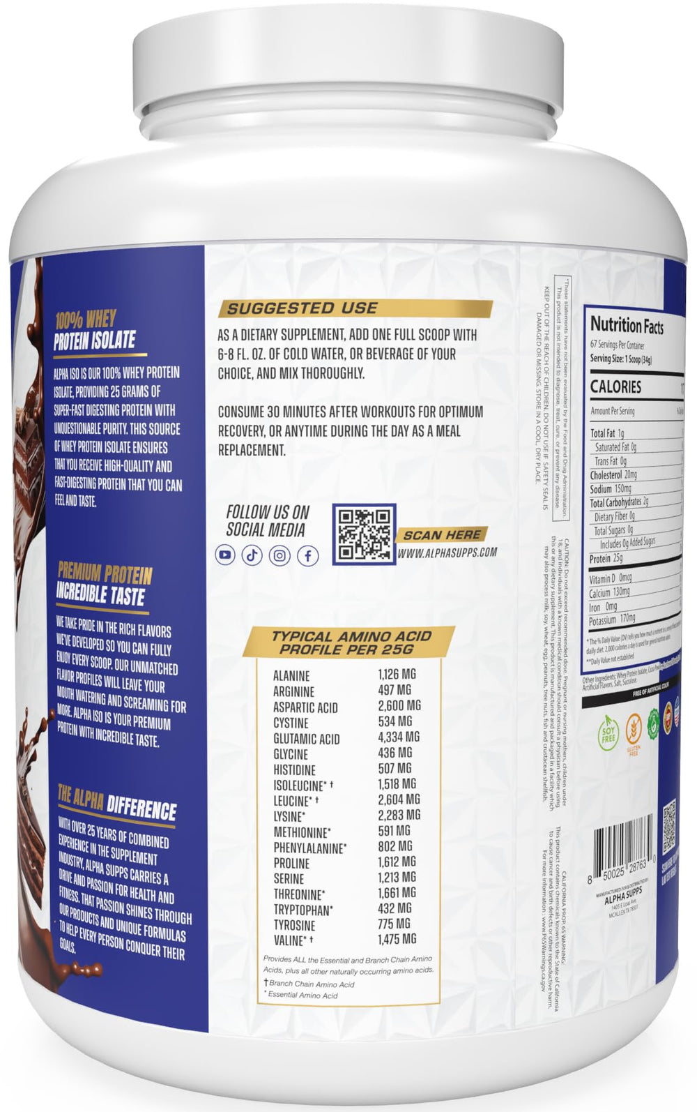 Alpha Supps ISO Whey Chocolate Cake tub on shelf for easy purchase.