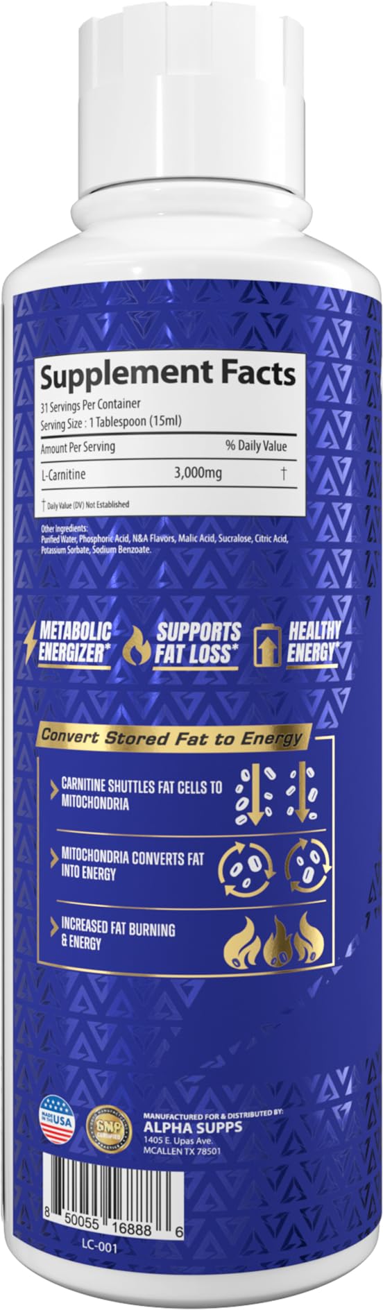 Alpha Supps L-Carnitine Liquid 3000 label close-up with ingredient highlights.