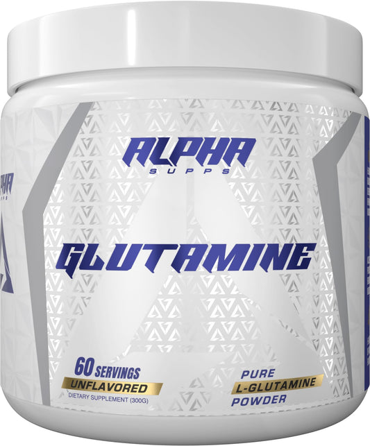 Alpha Supps Pure L-Glutamine powder bottle with scoop for post-workout recovery