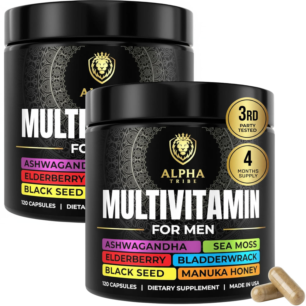 Alpha Tribe multivitamin bottle label highlights daily nutrients for men.
