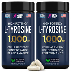 Alpha Flow L-Tyrosine 1000mg bottle supports focus and mood during busy days.