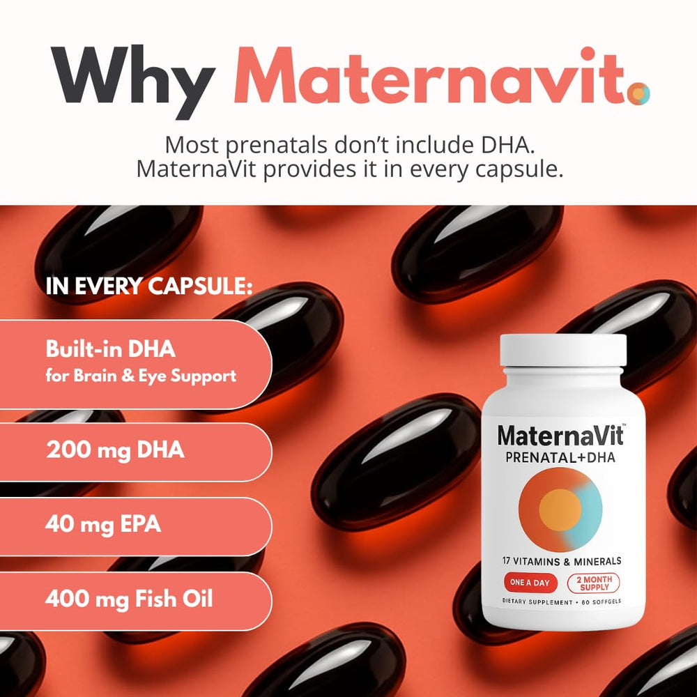 AlphaHealth MaternaVit omega-3 softgel highlights daily DHA/EPA.