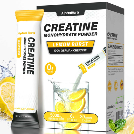 AlphaHerb Creapure Creatine Lemon stick pack for convenient on-the-go energy.