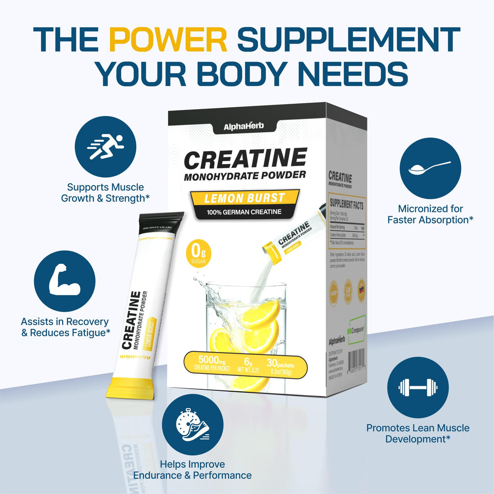 AlphaHerb Creapure Creatine Lemon stick pack in gym bag for workouts.