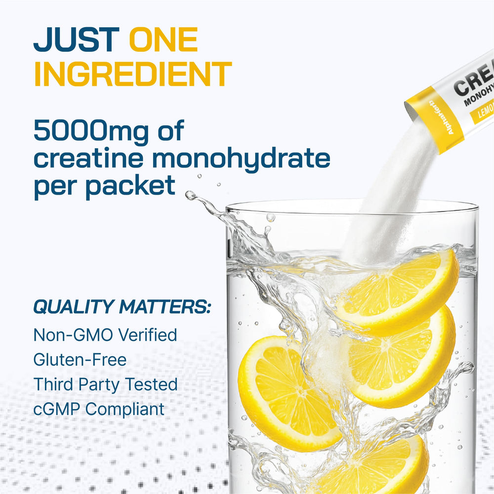 AlphaHerb Creapure Creatine Lemon stick pack offers clean flavor and mixability.