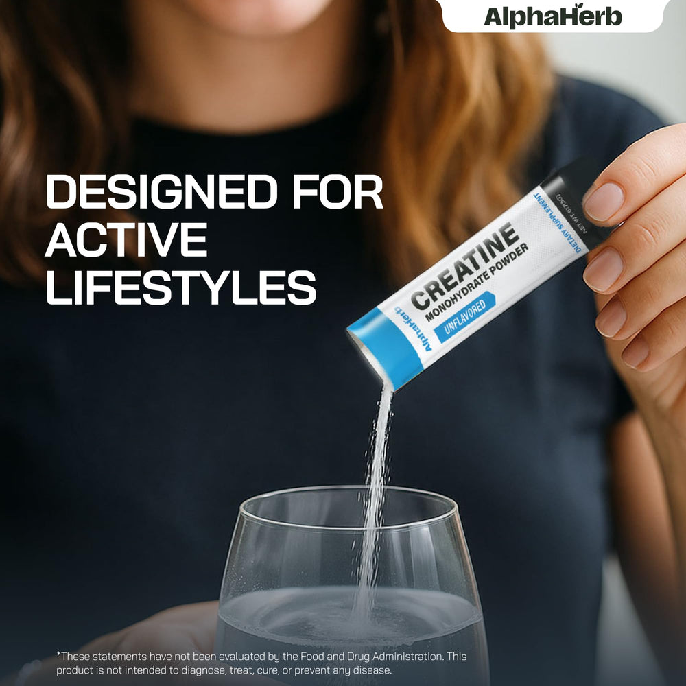 AlphaHerb Creatine Monohydrate powder dissolving smoothly in beverage, neutral taste.