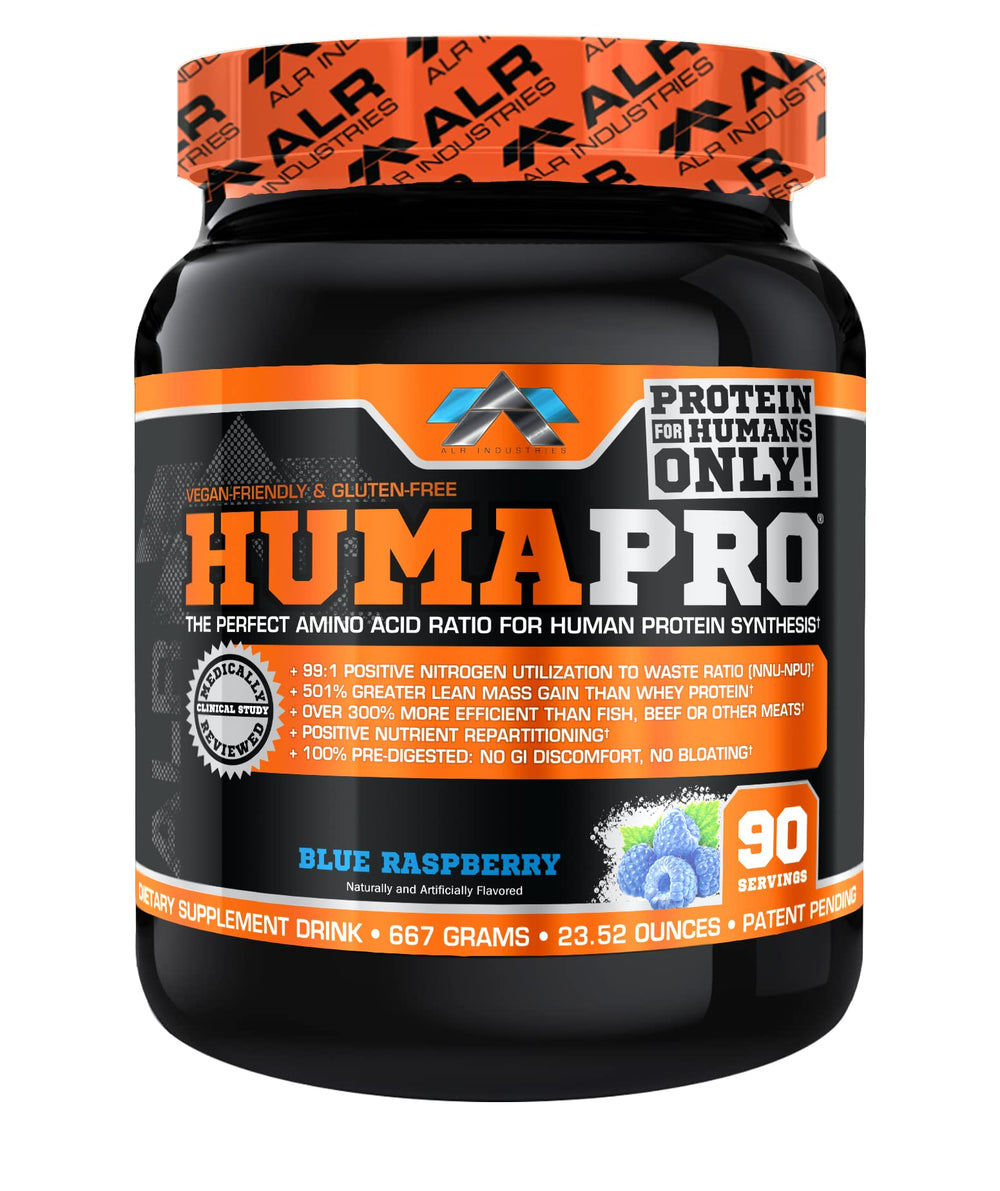 ALR Industries Humapro blue raspberry canister shows vegan protein for lean muscle support