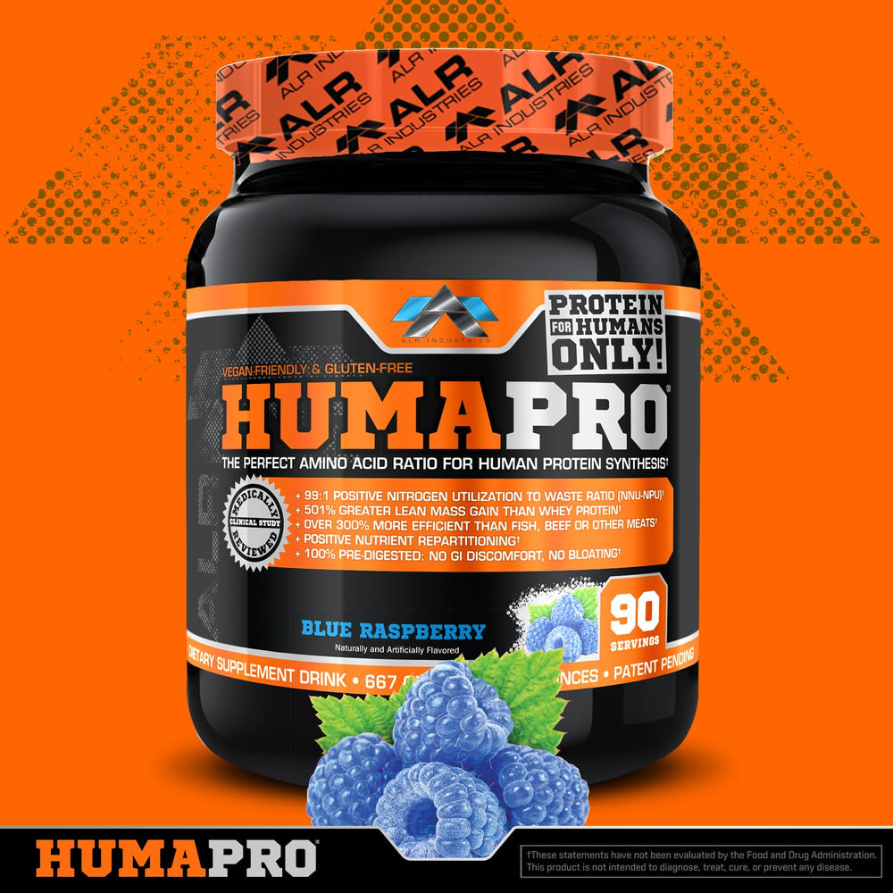 Close-up Humapro label emphasizes gluten-free, dairy-free, and plant-based formula benefits