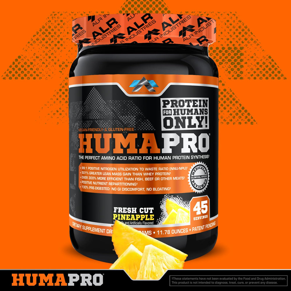 ALR Humapro nutrition facts panel highlights amino acid balance and calories.