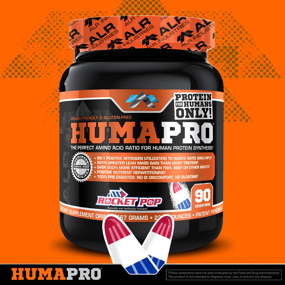 Rocket Pop flavor packaging featuring ALR Humapro, vegan and gluten-free protein option.