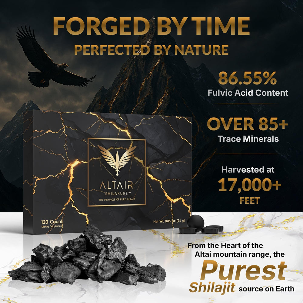 Altair Shilapure fulvic acid content highlighted on bottle.