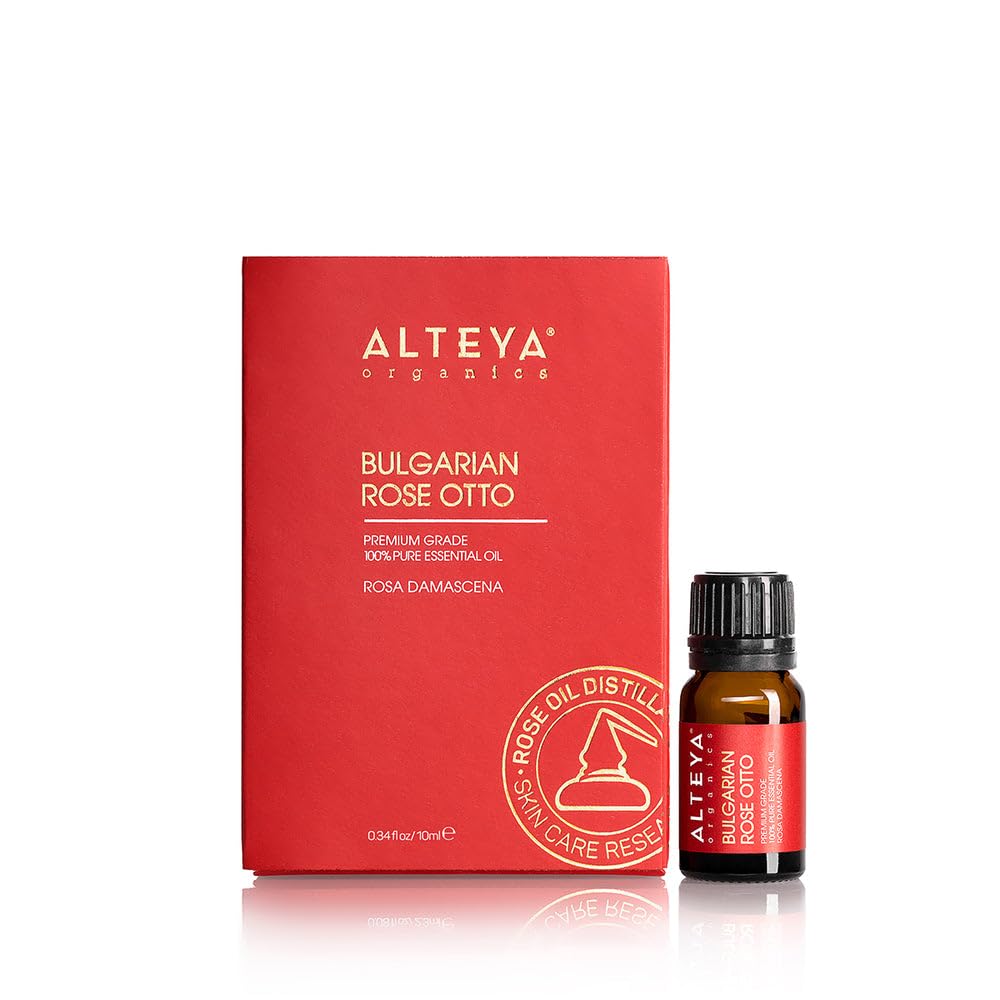 Alteya Organics Rose Essential Oil bottle, Bulgarian rose otto, ideal for premium fragrance and skin care rituals