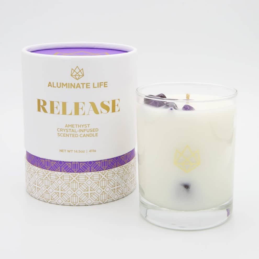 Aluminate Life amethyst-infused candle with crystal for calming ambiance