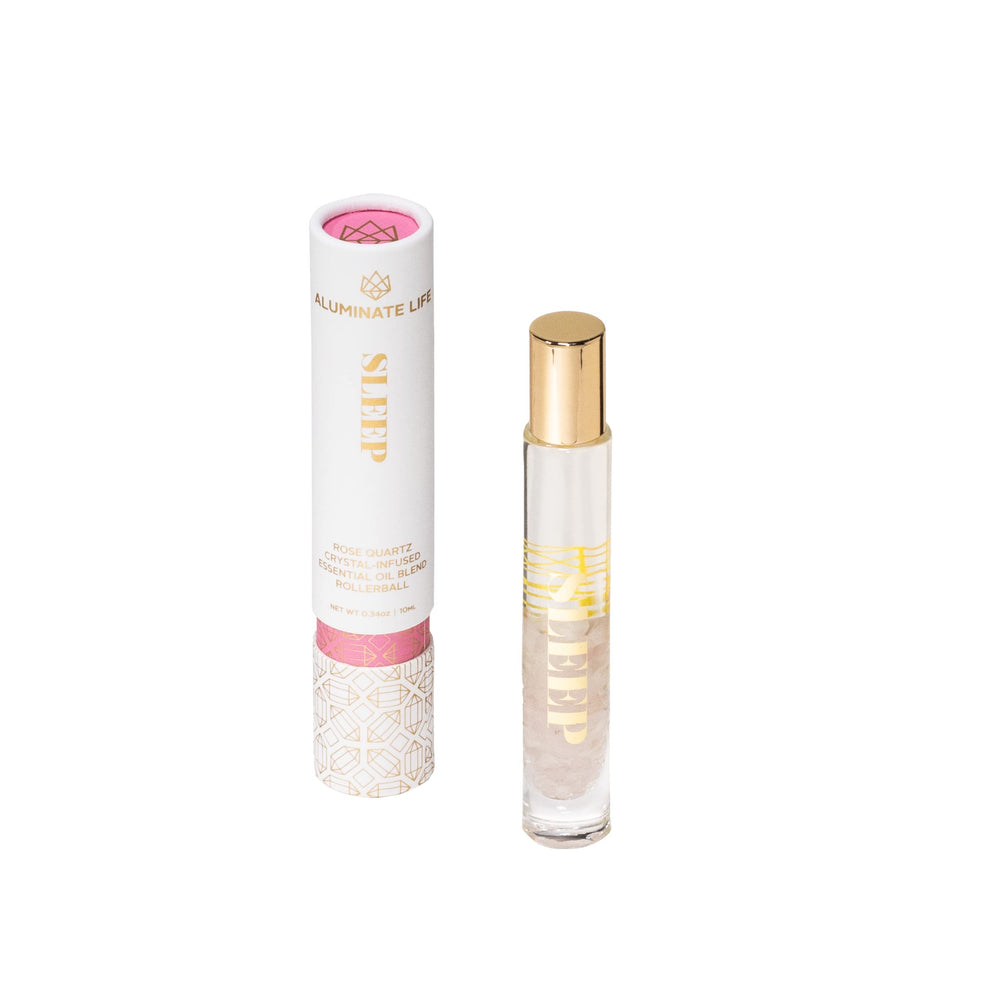 Aluminate Life Rose Quartz roller bottle for sleep-friendly calm and aromatherapy.