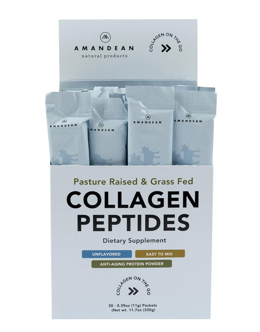 AMANDEAN Collagen Packets travel pack for on-the-go wellness.