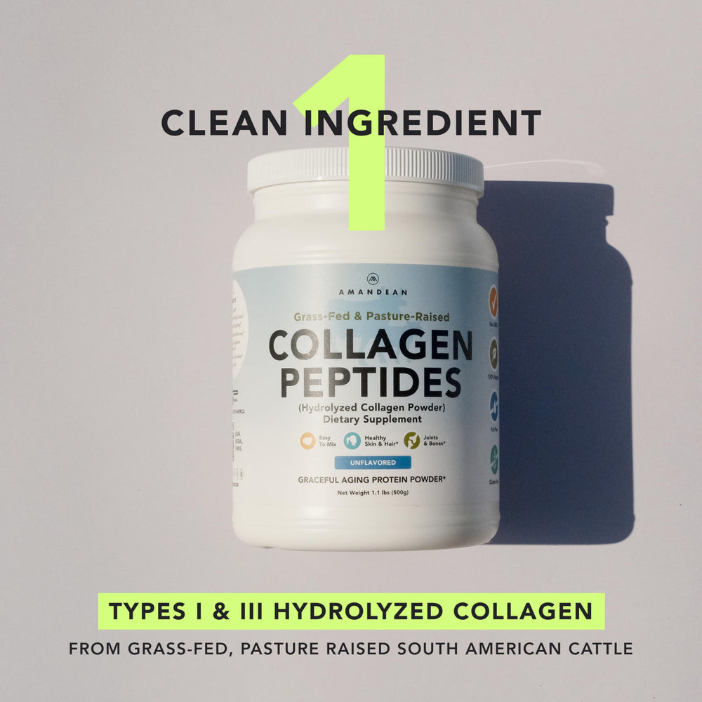 AMANDEAN Collagen Powder being poured into liquid demonstrates easy mixability