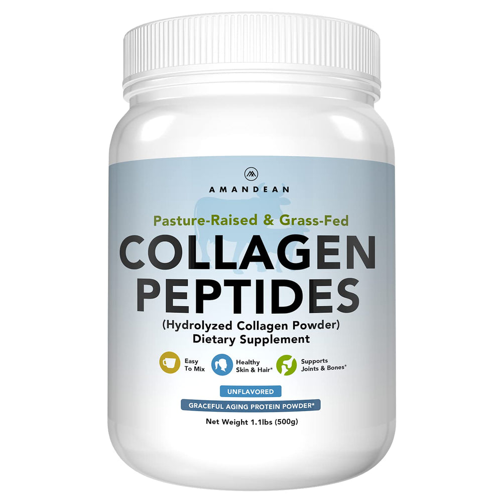 AMANDEAN Collagen Powder tub front highlights grass-fed formula for joint and skin support