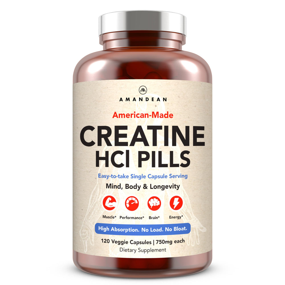 AMANDEAN Creatine HCl pills bottle for everyday workouts and recovery.