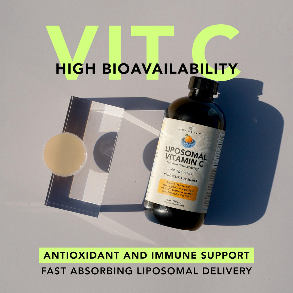 Close-up of the AMANDEAN dropper with liquid vitamin C showing fast absorption