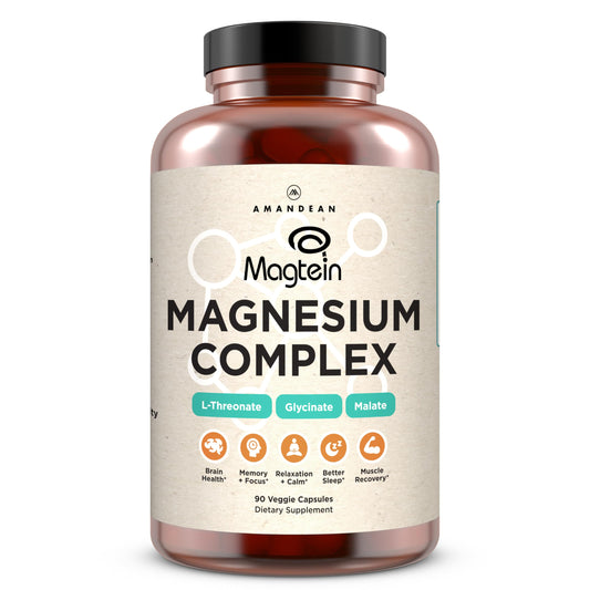 Amandean Magtein Magnesium Complex bottle on a desk, suggesting daily brain support.