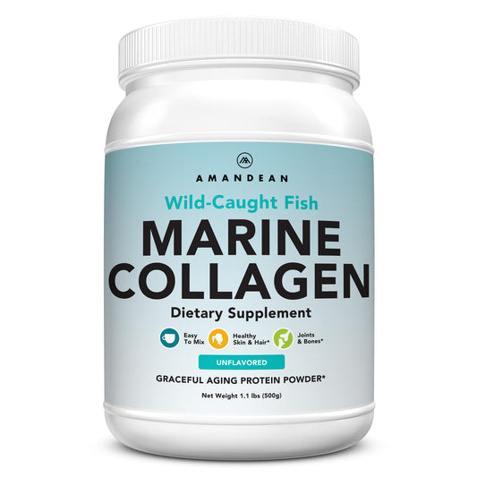 AMANDEAN Marine Collagen bottle closeup highlights wild-caught North Atlantic origin.