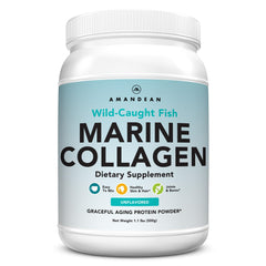AMANDEAN Marine Collagen bottle closeup highlights wild-caught North Atlantic origin.