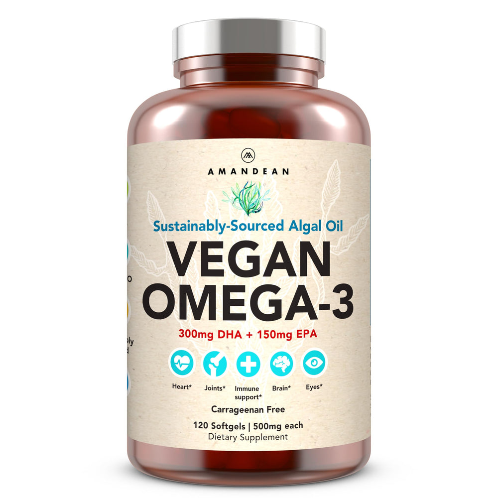 AMANDEAN Vegan Omega-3 bottle—premium algae-based softgels for daily wellness.