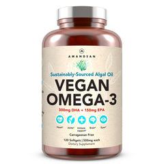 AMANDEAN Vegan Omega-3 bottle—premium algae-based softgels for daily wellness.