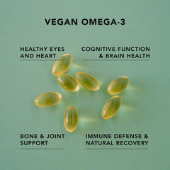 AMANDEAN Vegan Omega-3 label closeup—USA-grown, non-GMO algal oil.
