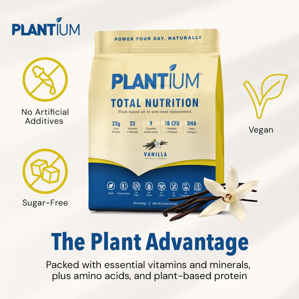 AMAXI Plantium Total Nutrition label highlights 22g protein per serving.