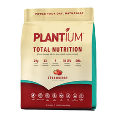 AMAXI Plantium strawberry bottle shows plant-based protein for daily energy.