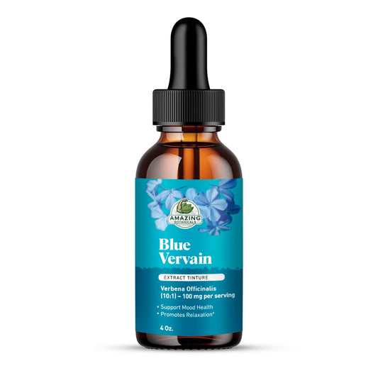 Amazing Botanicals Blue Vervain tincture bottle for calming mood support.