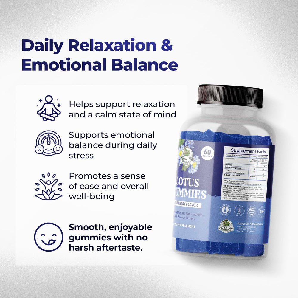 Amazing Botanicals Blueberry Lotus Gummies berry swirl closeup suggests soothing moments.