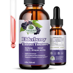 Amazing Botanicals Elderberry 100x tincture bottle front for daily wellness.