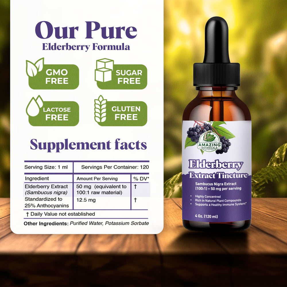 Amazing Botanicals elderberry tincture dropper dispensing into water for easy use.