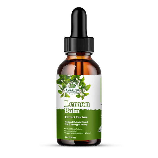 Amazing Botanicals Lemon Balm tincture bottle pour for natural relaxation