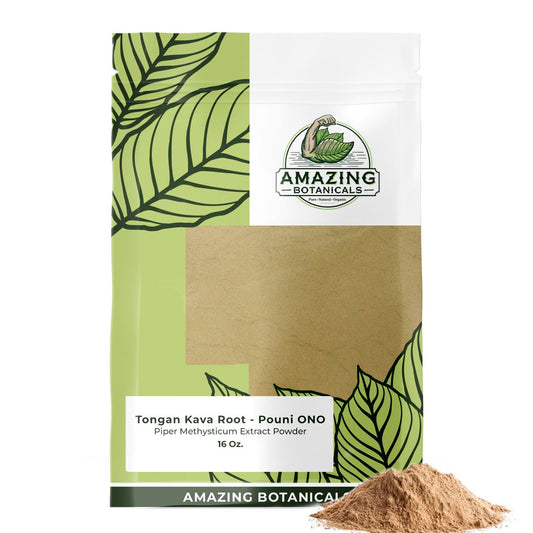 Amazing Botanicals Tongan Kava Pouni Ono bag front shows pure Tonga powder for social relaxation.